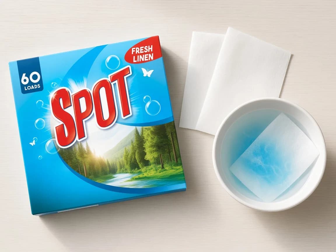 Detergent sheet dissolving in a bowl of cold water next to Spot sheets