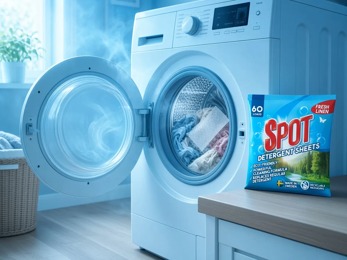 Open washing machine with colorful laundry and a detergent sheet, Spot pack beside the door