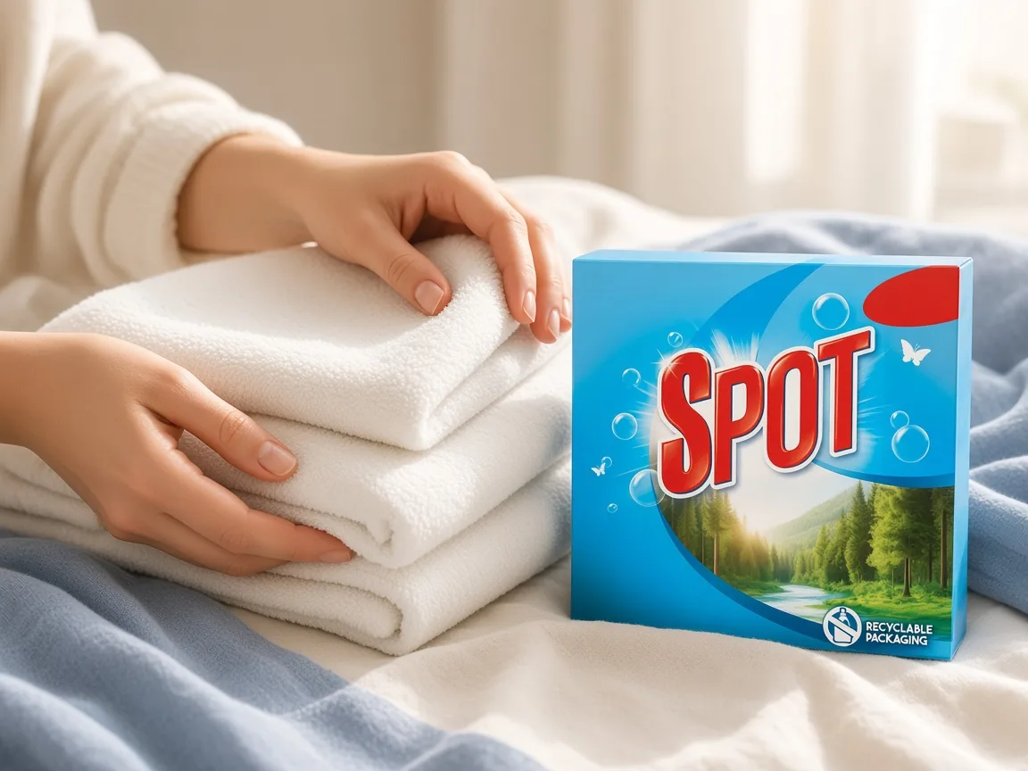 Hands folding soft white towels beside a Spot detergent sheets pack