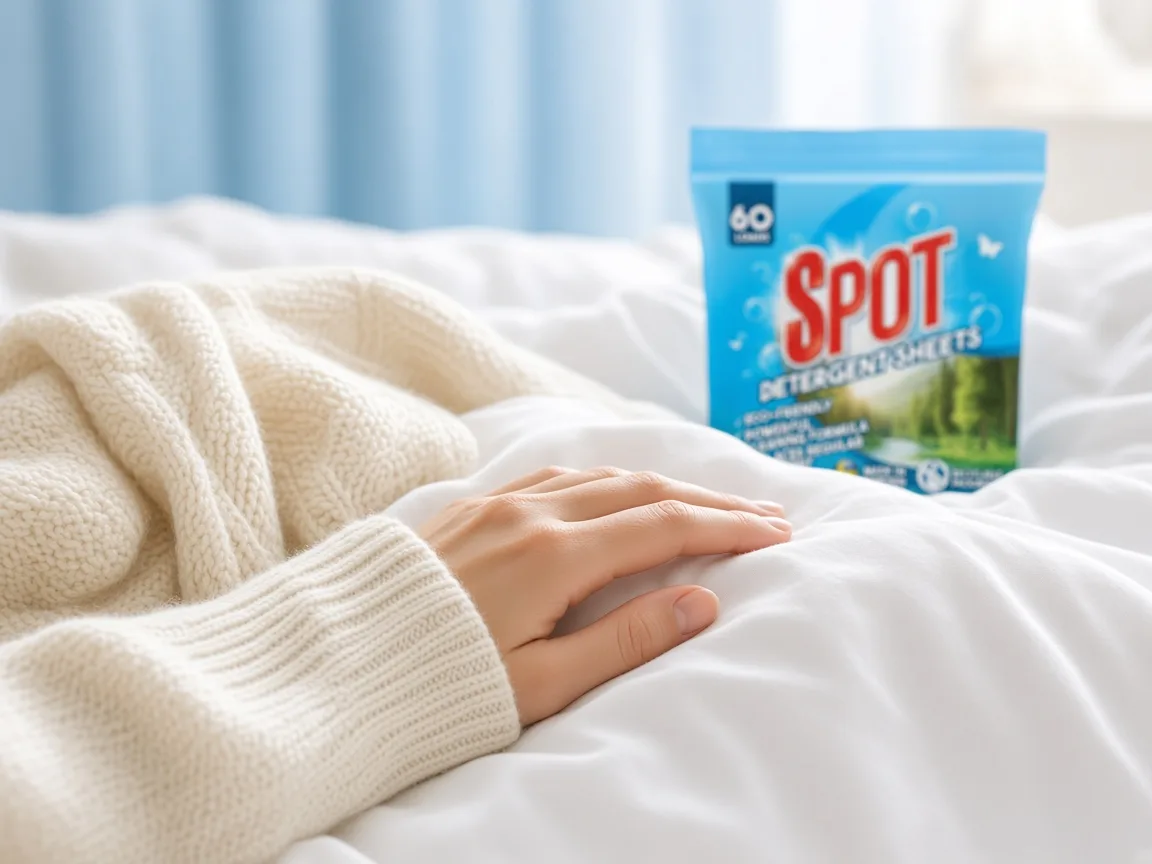 Soft hand resting on freshly washed white cotton next to Spot detergent sheets
