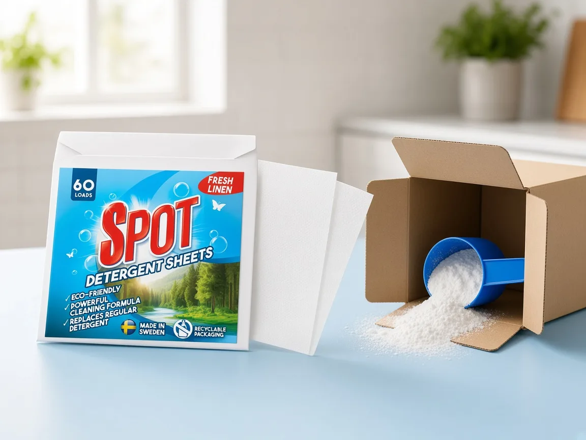Spot detergent sheets pack beside an open box of powder detergent with spilled powder