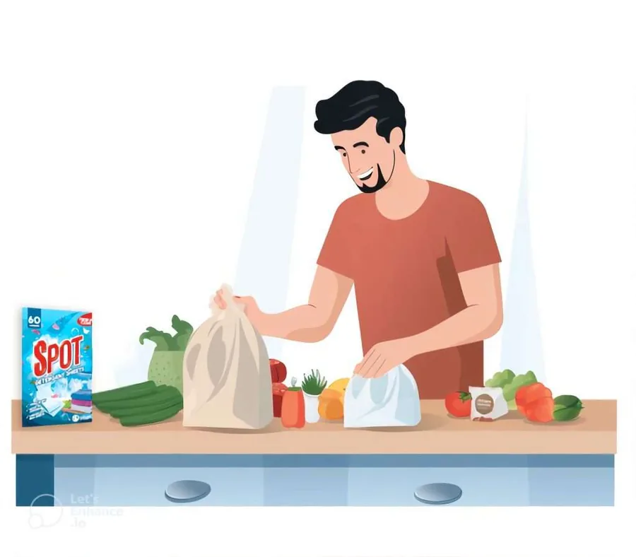 Illustration of a man unpacking groceries with a pack of Spot