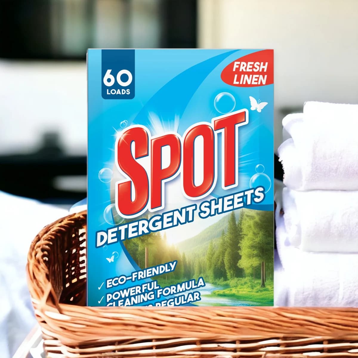 Spot 60-load pack resting in a basket of fresh towels