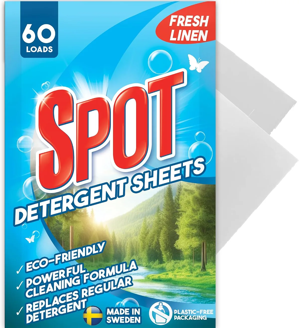 Spot Detergent Sheets 60-load pack, Fresh Linen scent, with two sheets