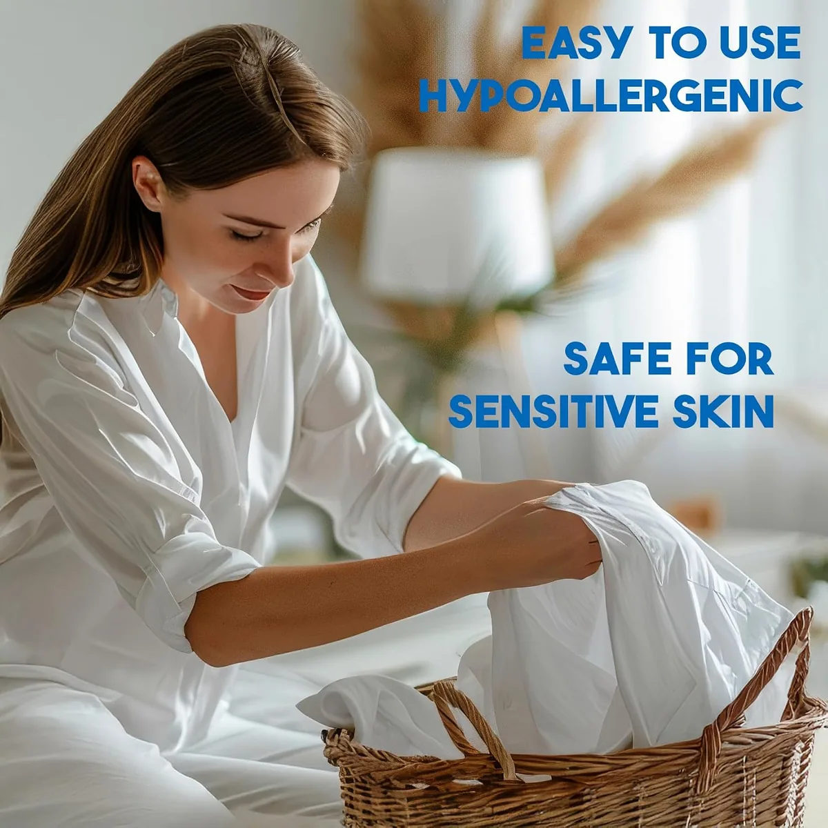 Woman folding white laundry — hypoallergenic, safe for sensitive skin