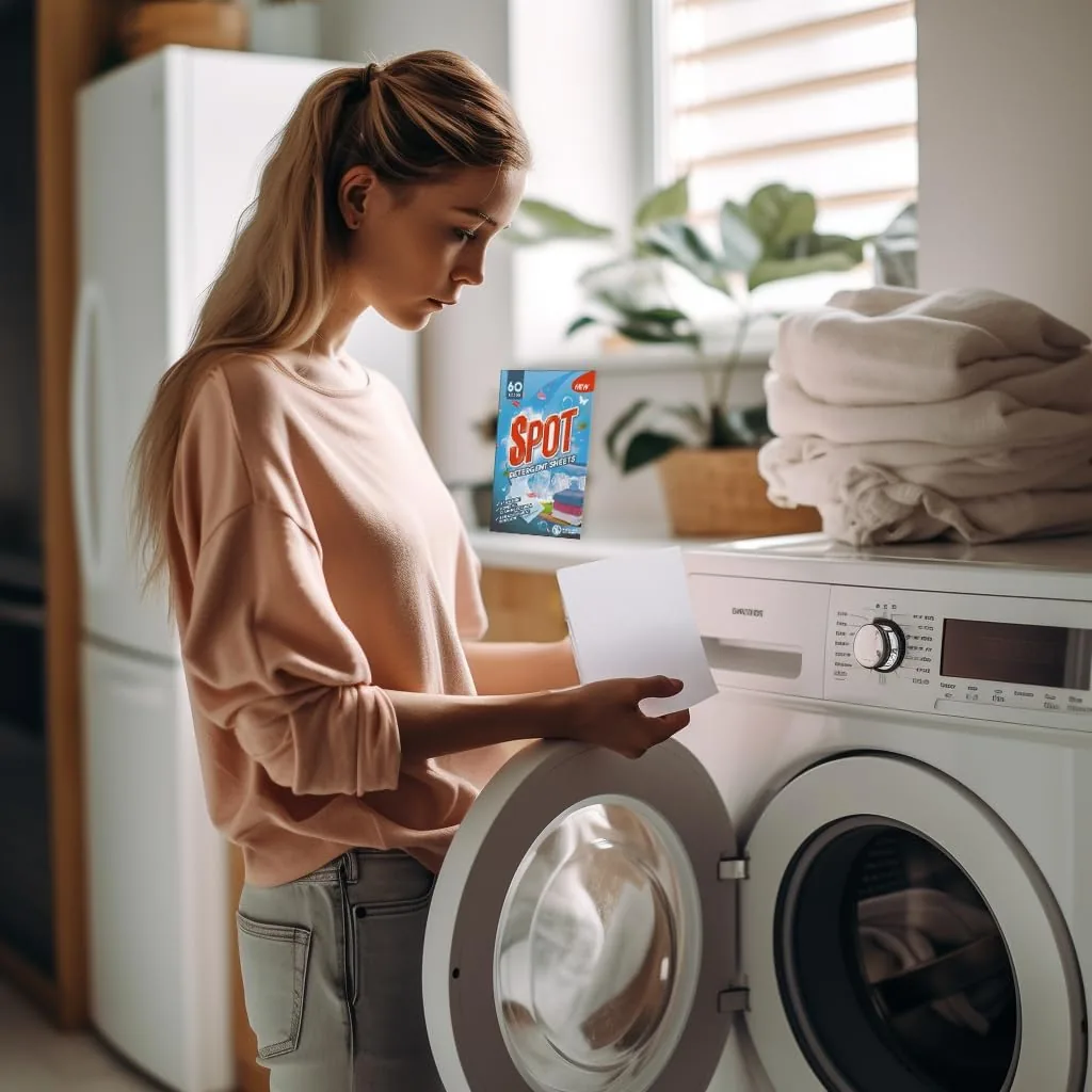 Woman adding a Spot sheet to a front-load washer